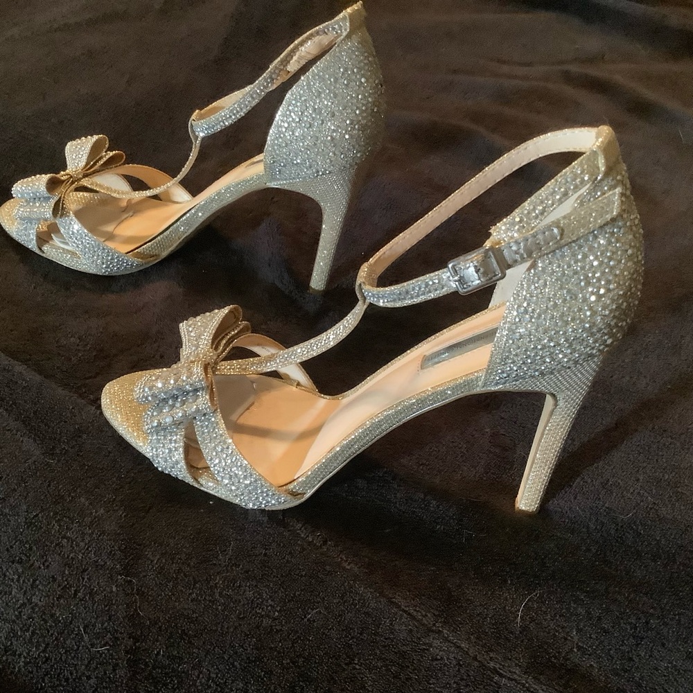 INC, Crystal T-strap open toe pumps with 4” heel. Sz 9 1/2.